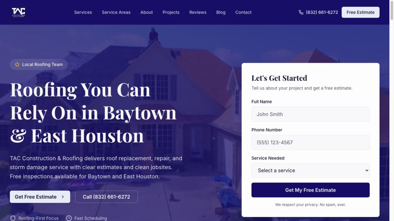 TAC Construction & Roofing website